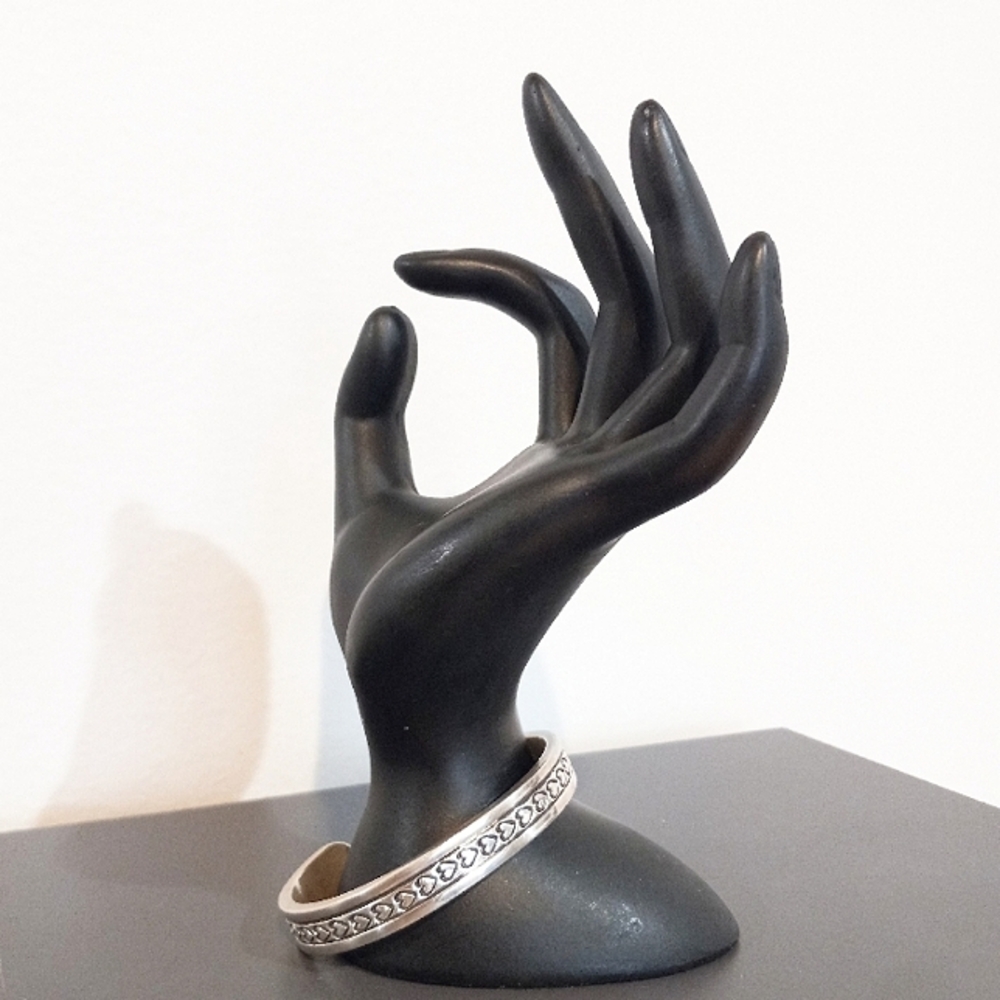 Sterling Silver Tone Scroll Pattern Cuff Bracelet - Black
